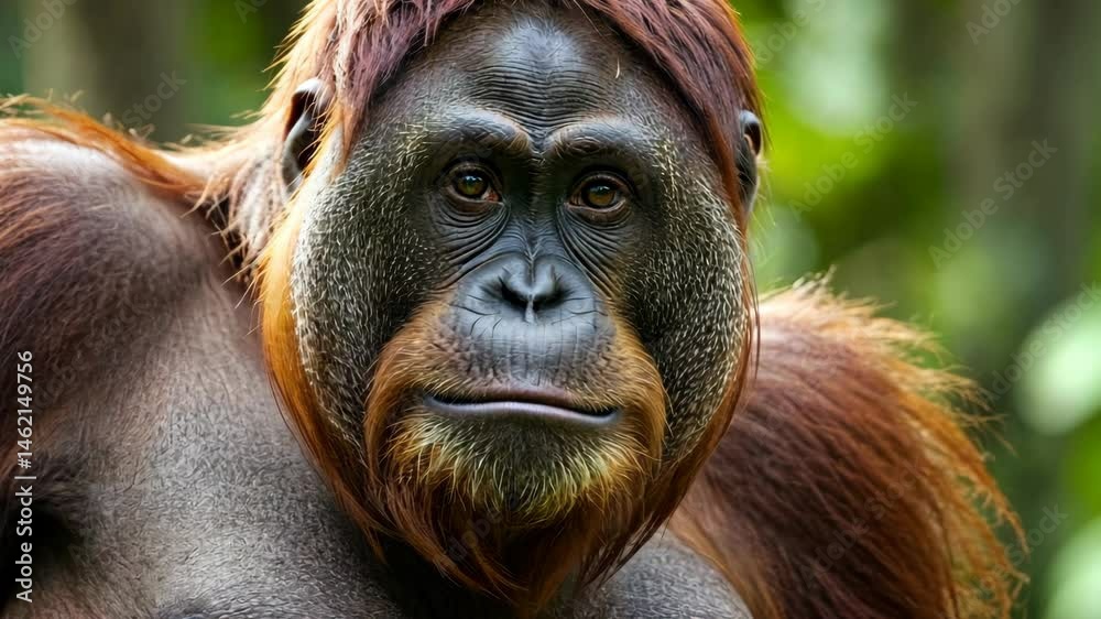 Close-up portrait  video of orangutan in rainforest. Wild animal with human like expression gazing forward. Endangered primates species for conservation projects.