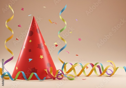 Red party hat with colorful confetti and streamers. Festive birthday celebration.