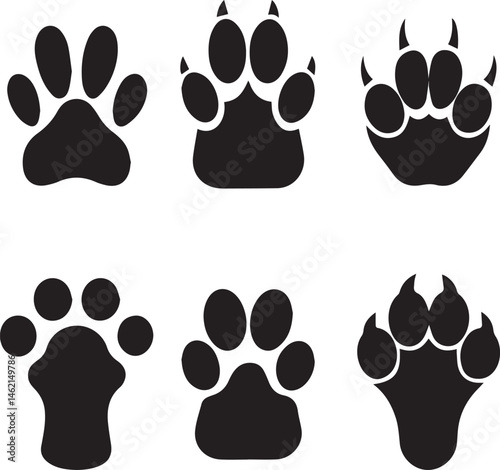 paw print icons, dog paw silhouette vector icon set, dog paw print logo bundle
