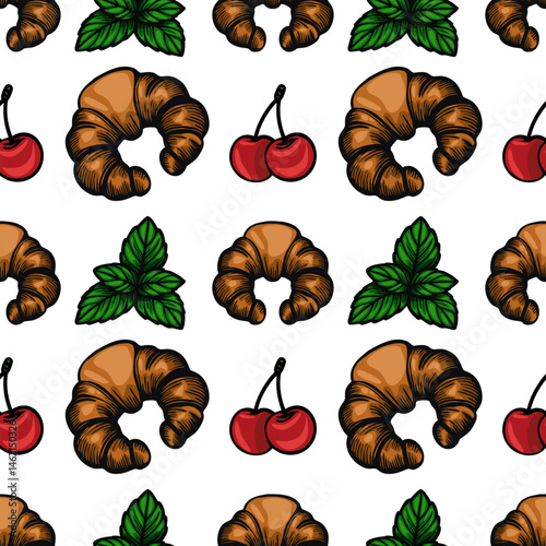 A vector  seamless pattern featuring croissants, cherries, and mint leaves on a white background. The croissants are golden brown, the cherries are bright red, and the mint leaves are vibrant green.