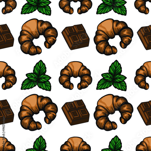 A vector  seamless pattern featuring croissants, chocolate squares, and mint leaves on a white background. The croissants are golden brown, the chocolate is dark, and the mint leaves.