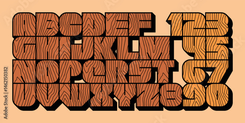 Wood Font. Rough Woodcut Texture Bold Font. Woodcut Letterpress Condensed. Flat style
