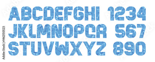 Water Font. Water waves style font design. Letters and numbers. Flat style
