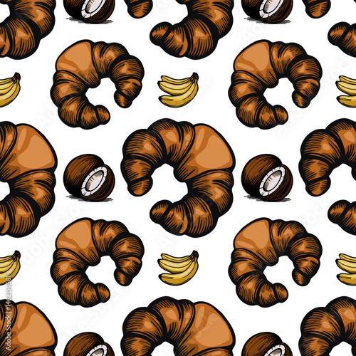 A vector  seamless pattern featuring croissants, bananas, and coconuts on a white background. The croissants are detailed and golden brown, while the bananas and coconuts add a tropical touch.