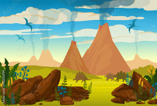 Cartoon vector illustration with silhouette of dinosaurs on the Jurassic period. Prehistoric landscape with stone, erupting volcanos, smoke clouds and fern. Image with stegosaurus and pterodactyls.
