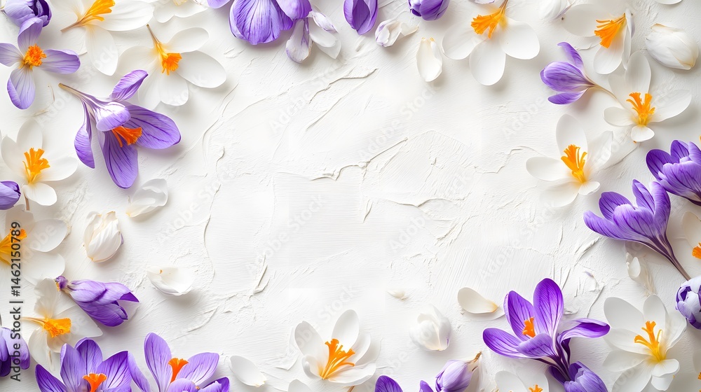 Beautiful spring background with saffron flowers. Bouquet of purple and white crocus flowers on white background. Wide Angle Template Web banner With Copy Space for design for Mother's Day, Women's da