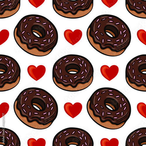 A playful pattern featuring chocolate donuts with sprinkles and red hearts on a white background. The design is fun and whimsical, perfect for food-related themes or celebrations.