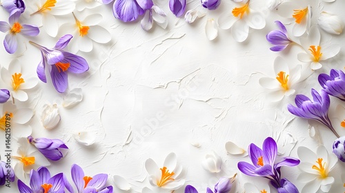 Obraz na płótnie Beautiful spring background with saffron flowers. Bouquet of purple and white crocus flowers on white background. Wide Angle Template Web banner With Copy Space for design for Mother's Day, Women's da w salonie