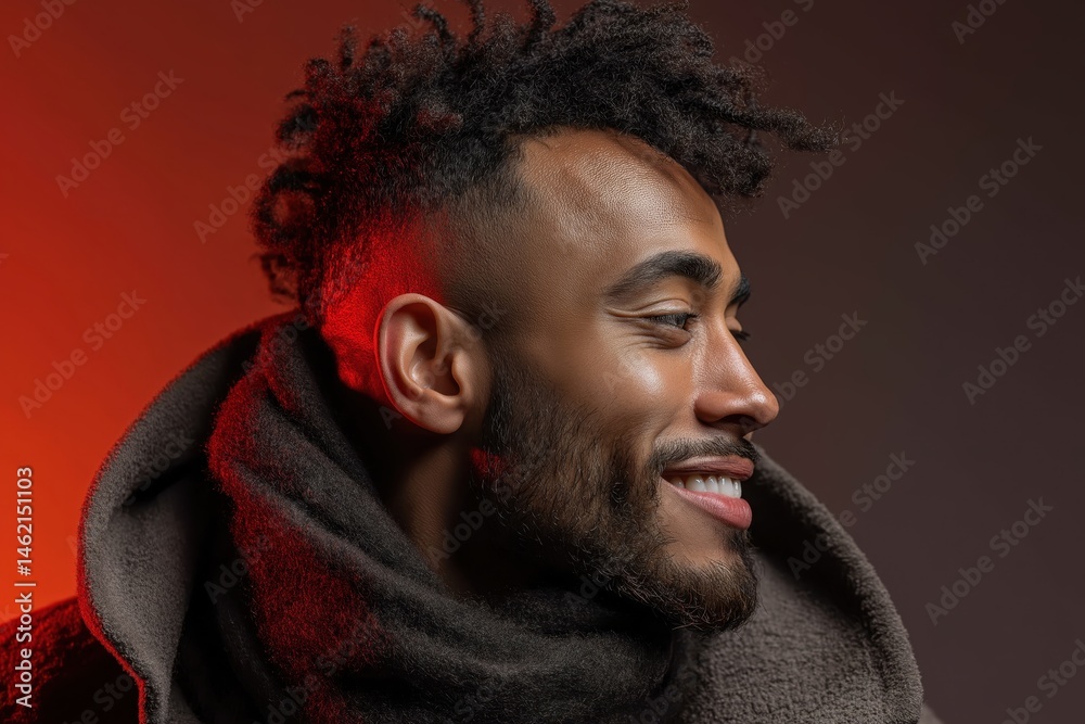 Man with curly hair radiates warmth and happiness against vibrant gradient background during a relaxed moment