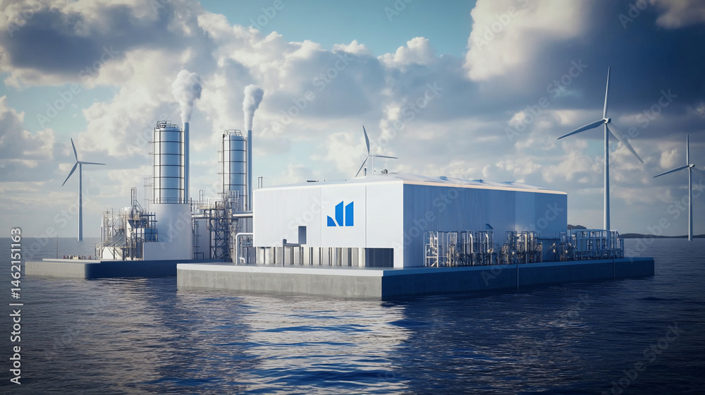 Obraz premium Floating offshore power plant, combining renewable energy sources. Modern, sustainable energy infrastructure