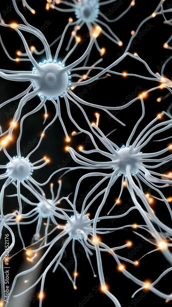 Microscopic view of a cell with appendages and glowing structures, rendered in a surreal and abstract style conveying scientific concept