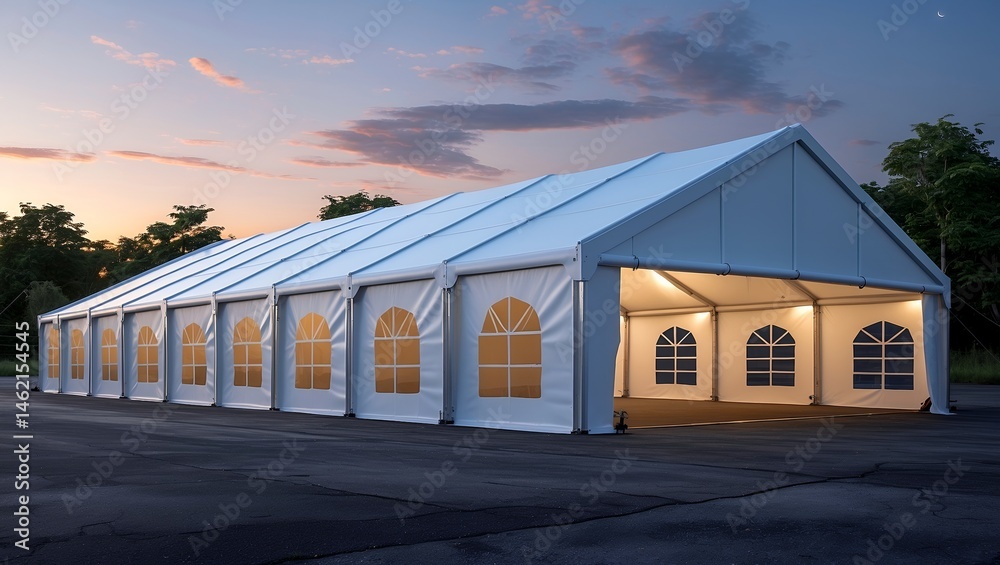 Obraz premium Modern industrial tent under dusk sky