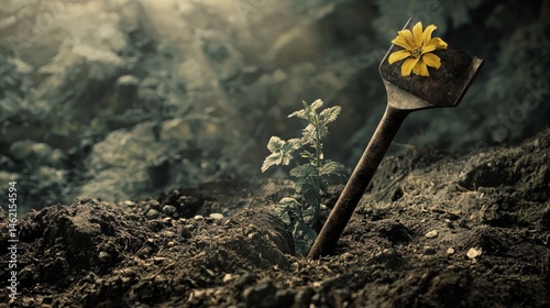 Shovel and yellow flower on cracked soil environment hope concept drought nature survival contrast earth