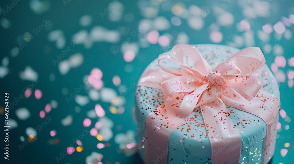 Fototapeta premium Close up of pastel pink gift box with bow sparkles celebration birthday present party sweet