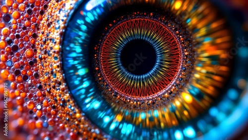 A vibrant, close-up abstract image resembling an eye with colorful, intricate patterns and bubble-like textures.