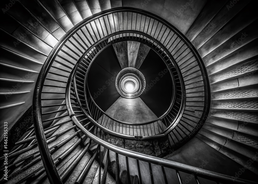 Fototapeta premium Dramatic Black and White Spiral Staircase Night Photography - Architectural Detail