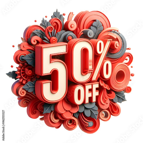 3D 50% off red cut out sign on white background