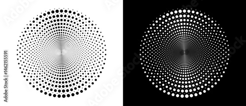 Modern abstract background. Halftone dots in circle form. Round logo. Vector dotted frame. Design element or icon. Black shape on a white background and the same white shape on the black side.