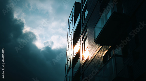 Urban living in a sleek apartment building with a cloudy afternoon sky and urban center vibe