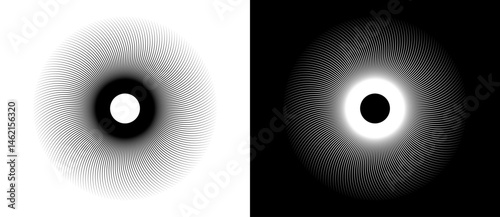 Lines in circle abstract background. Sun cocept. Black shape on a white background and the same white shape on the black side.