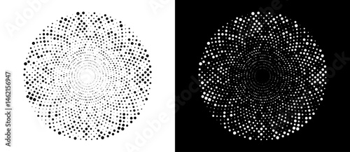 Modern abstract background. Halftone dots in circle form. Round logo. Vector dotted frame. Design element or icon. Black shape on a white background and the same white shape on the black side.