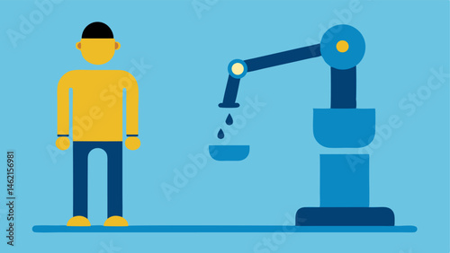 Human Watching Show a scene where a human is observing the robot arm perform the task of pouring water. The human is depicted looking amazed and slightly amused with a lighthearted