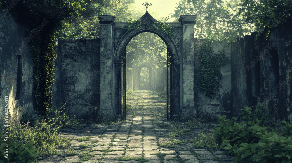 Obraz premium Enchanted Garden Pathway Through Ancient Stone Archway. Mysterious stone archway leads to an overgrown garden pathway, surrounded by lush greenery and dappled sunlight. The ancient architecture create