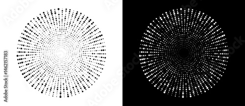 Modern abstract background. Halftone dots in circle form. Round logo. Vector dotted frame. Design element or icon. Black shape on a white background and the same white shape on the black side.