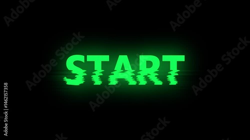 Starting soon text message animation with glitches and distortion effects on a black background