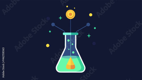 Laboratory Beaker of Transformation A beaker filled with glowing liquid with an epichemical symbol emerging from it symbolizing the breakthrough technology that reprograms