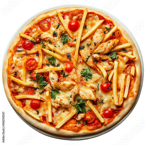 Delicious Chicken and Fries Pizza Recipe isolated on transparent background