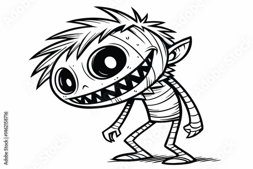 57 Creepy monster illustration, black and white ink drawing, spiky hair, large round eyes, wide grinning mouth, thin limbs, bandaged body parts, creature design, horror style, detailed linework, grote