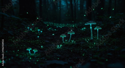 Glowing mushrooms in dark forest mystical bioluminescent fungi nature photography magical woodland scenery