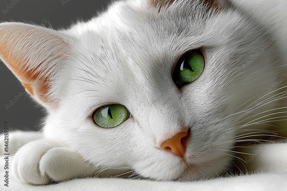 White cat with green eyes lounge on a white surface, embracing its cozy surroundings and adding a touch of elegance