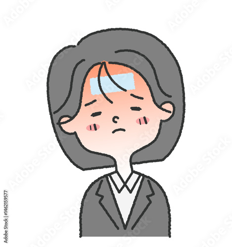 スーツを着た女性社員が熱を出して病気になった表情