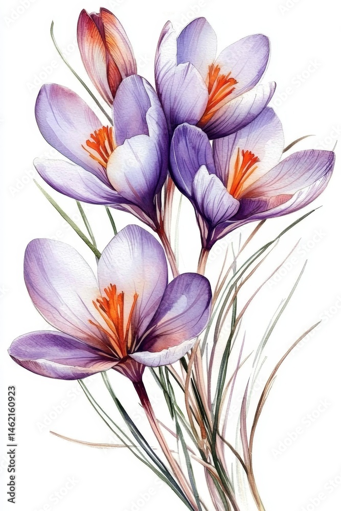 Naklejka premium Artistic representation of saffron crocus flowers using gentle watercolor techniques.