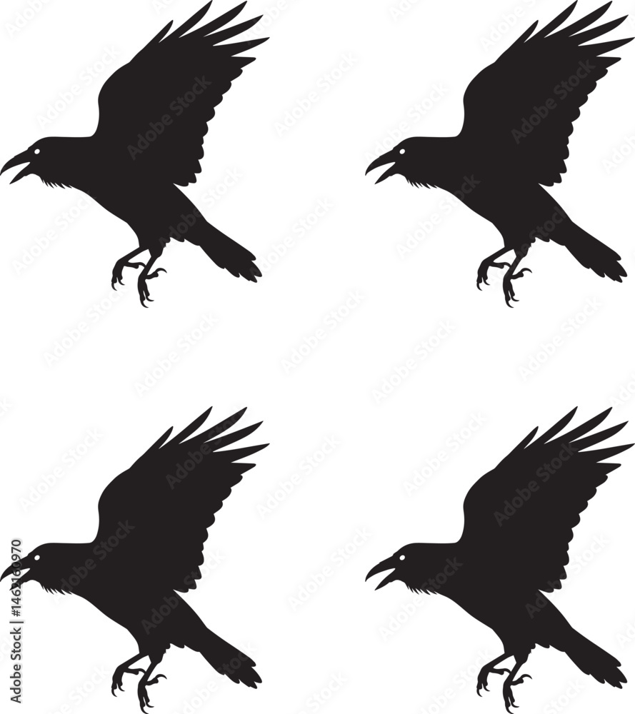 Obraz premium Premium vector. Raven birds silhouettes vector collection on white background. 
