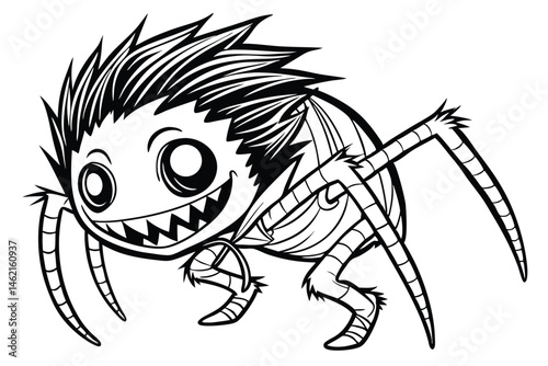 57 Creepy monster illustration, black and white ink drawing, spiky hair, large round eyes, wide grinning mouth, thin limbs, bandaged body parts, creature design, horror style, detailed linework, grote