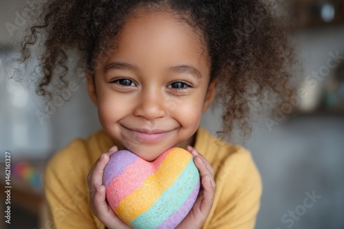 Adorable little girl smiles sweetly while holding a colorful heart-shaped bath bomb.
