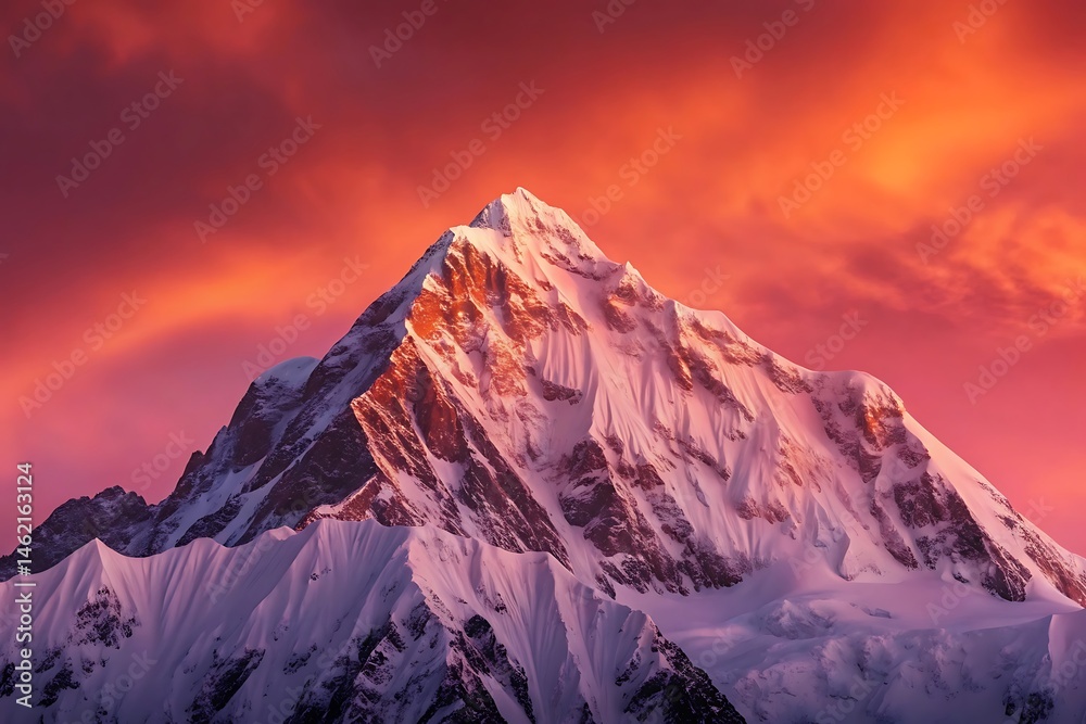 Obraz premium Majestic mountain peak illuminated by golden sunlight against a vibrant red sky landscape