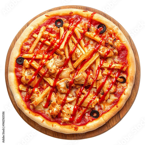 Delicious Pizza with Chicken and Olives isolated on transparent background