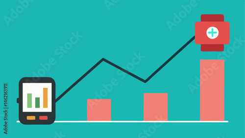 Health Data Graph An illustration of a graph with upward trends with a wearable device at the bottom symbolizing the tracking of health improvements over time.
