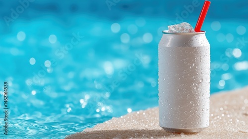 Sunlit pool captures tranquility with an empty soda can floating gently on clear water surface