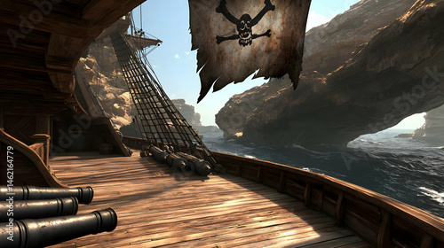 Pirate Ship Deck At Sea With Flag