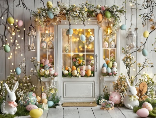 Charming Easter shop featuring a white door adorned with colorful decorations.
