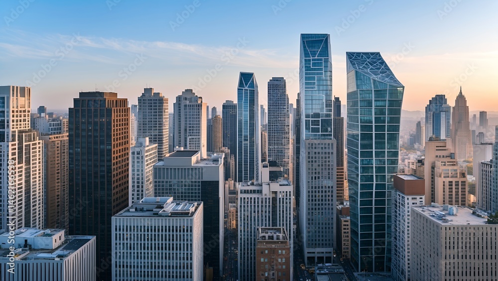 Fototapeta premium Urban skyline showcasing geometric high-rise architecture