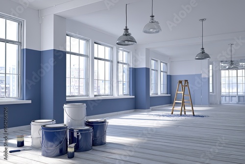 Fototapeta Naklejka Na Ścianę i Meble -  Empty room undergoing paint job, with supplies and ladder.  Spacious interior with large windows, showcasing city views.  Light-colored hardwood floors and painted walls in shades of blue and white