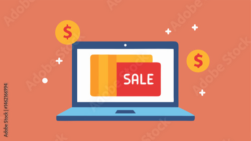 Laptop with Flashing Sale Icon A sleek laptop on a desk with a bright Sale icon displayed on the screen surrounded by small dollar signs.