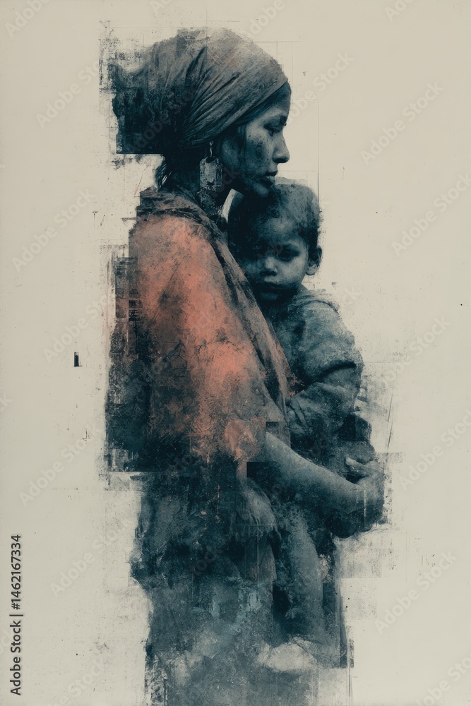 Fototapeta premium Emotional mother and baby portrait in fluid, abstract brushwork.