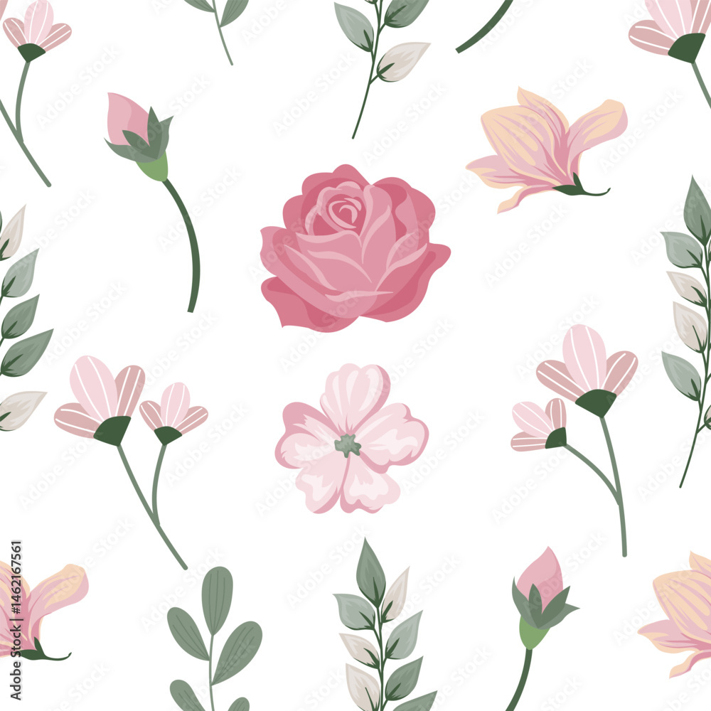 Seamless pink rose floral pattern for spring and summer design Seamless pink rose floral pattern for spring and summer design